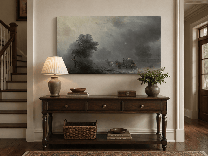 Landscape Oil Painting - Stormy Countryside Road Horse Carriage