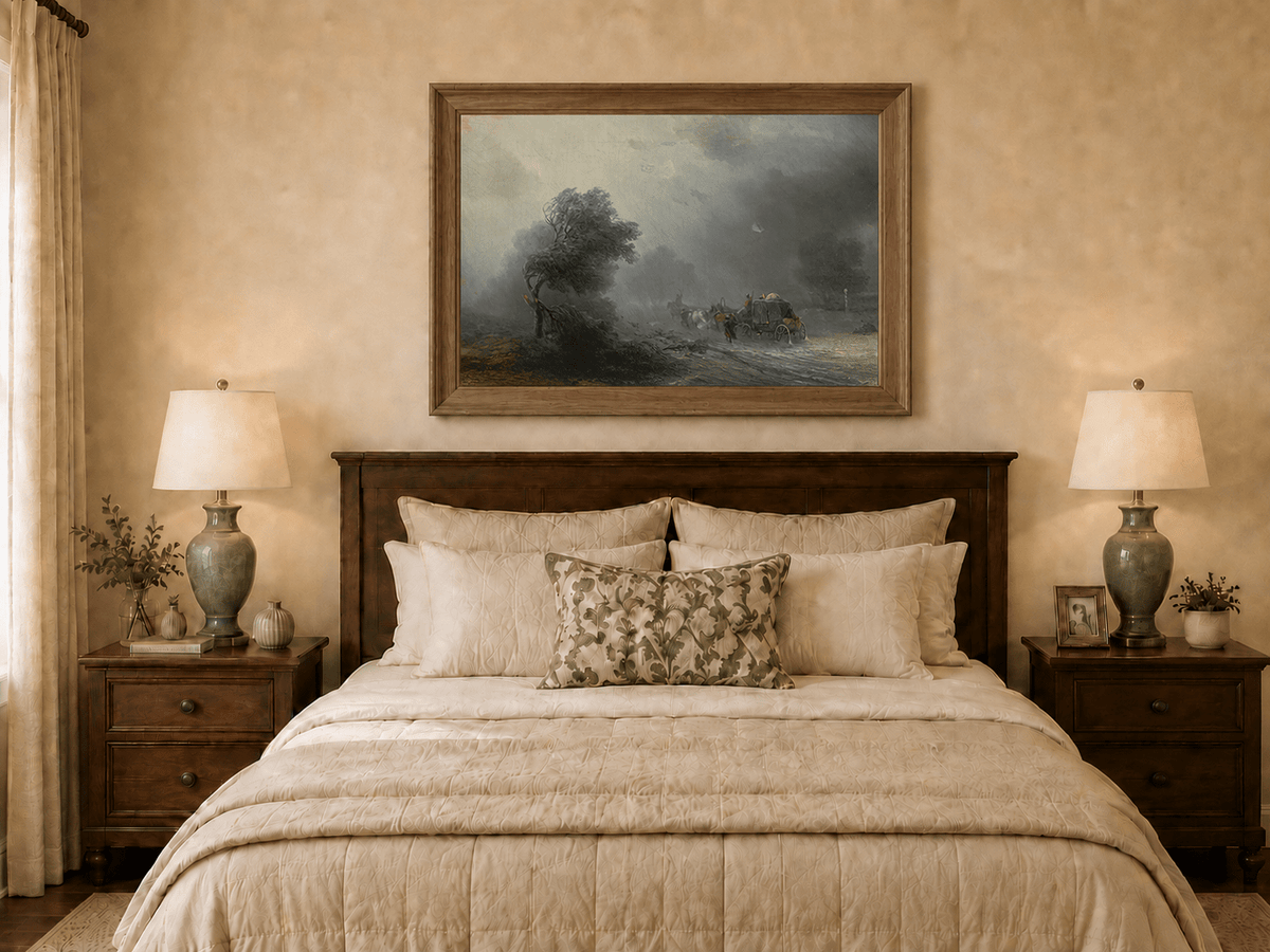 Landscape Oil Painting - Stormy Countryside Road Horse Carriage
