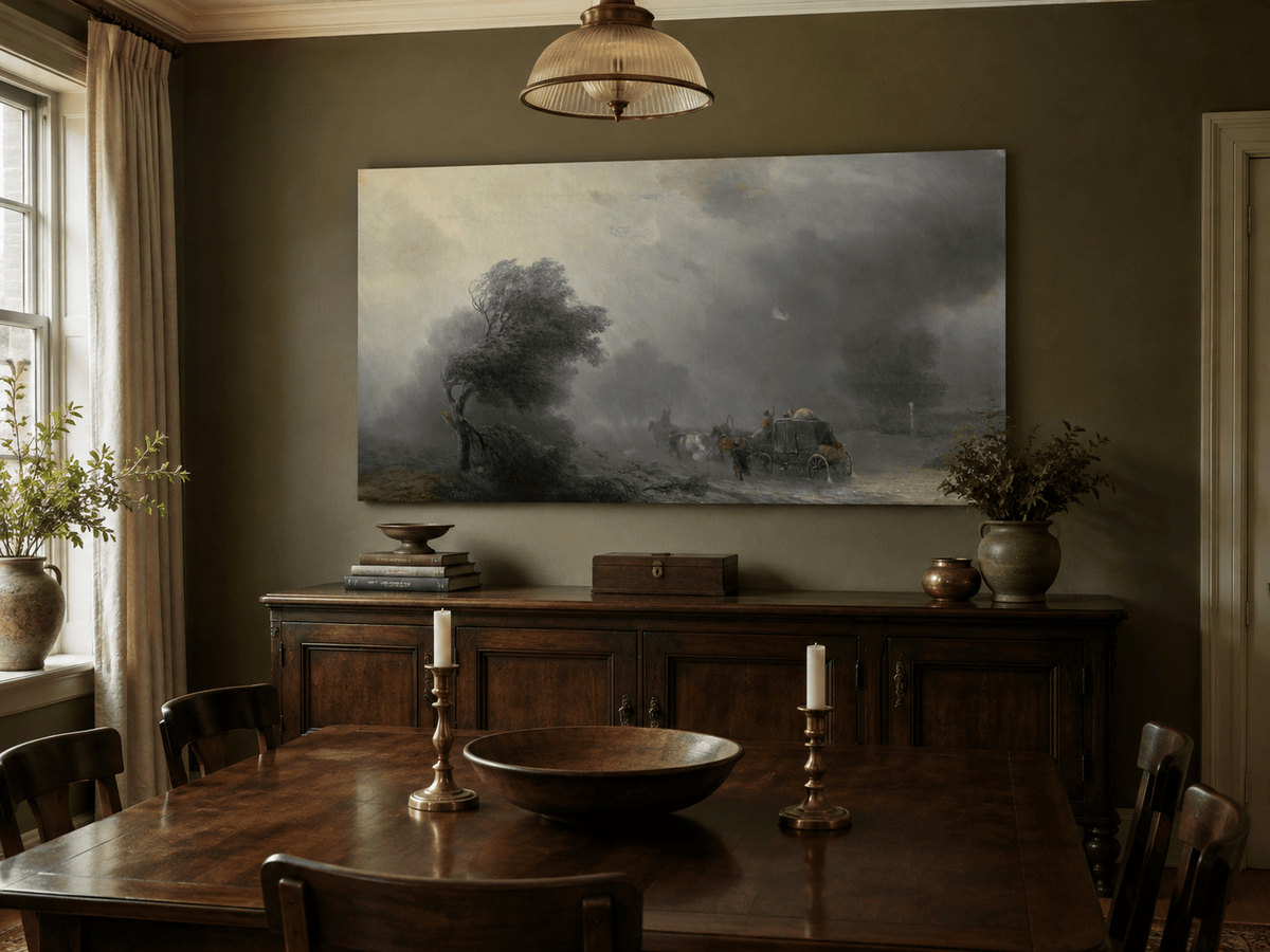 Landscape Oil Painting - Stormy Countryside Road Horse Carriage