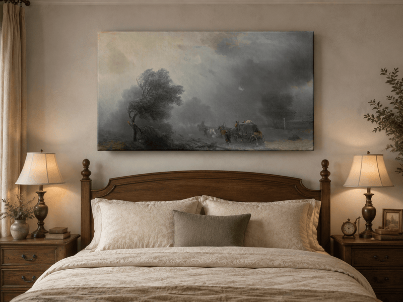 Landscape Oil Painting - Stormy Countryside Road Horse Carriage