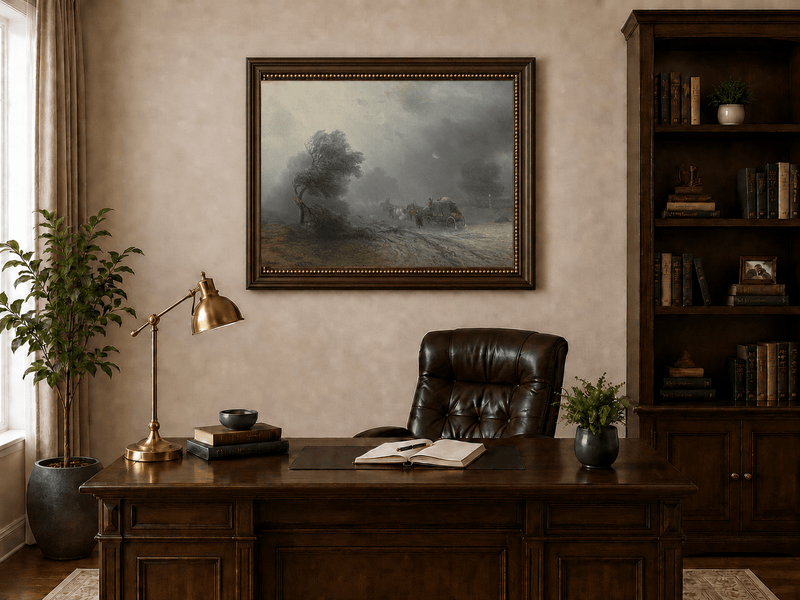 Landscape Oil Painting - Stormy Countryside Road Horse Carriage