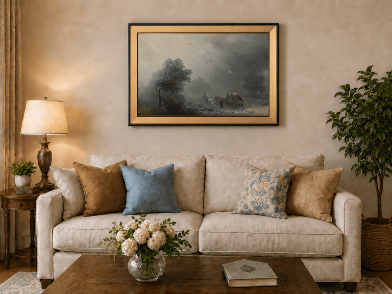 Landscape Oil Painting - Stormy Countryside Road Horse Carriage