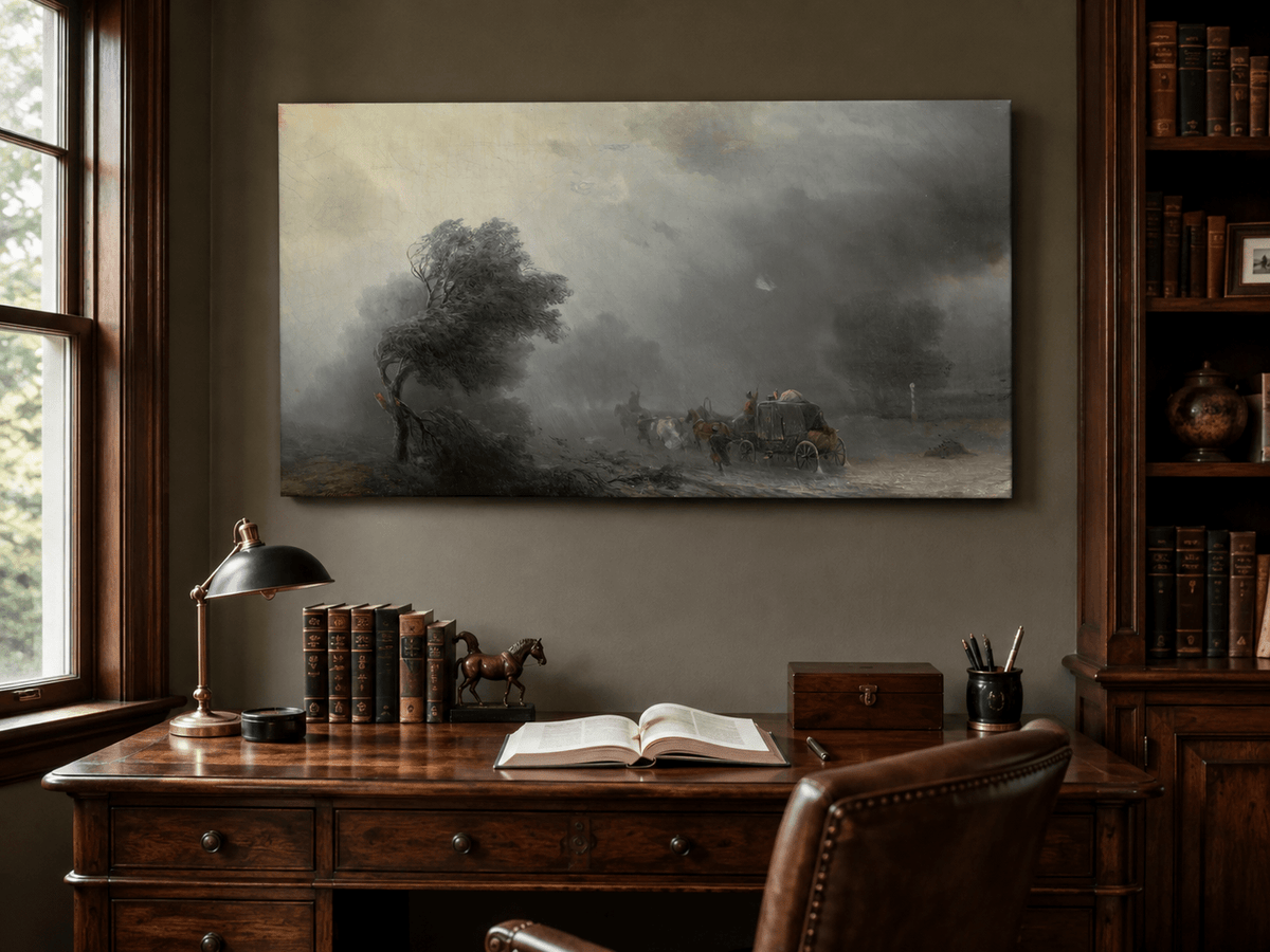 Landscape Oil Painting - Stormy Countryside Road Horse Carriage