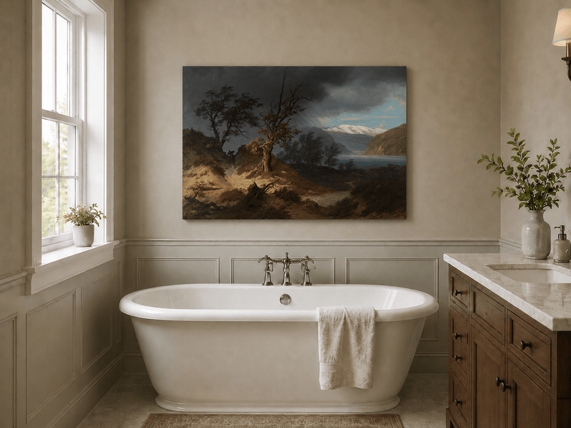Landscape Oil Painting - Stormy Fjord with Bare Trees and Rider