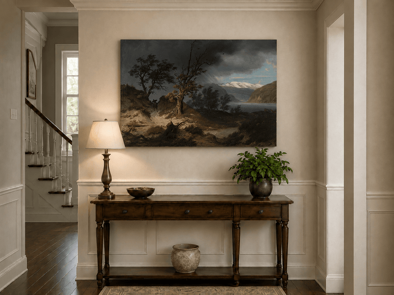 Landscape Oil Painting - Stormy Fjord with Bare Trees and Rider