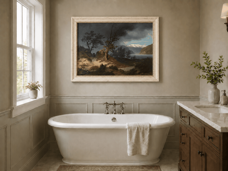 Landscape Oil Painting - Stormy Fjord with Bare Trees and Rider