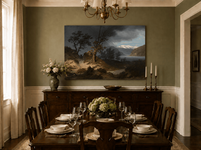 Landscape Oil Painting - Stormy Fjord with Bare Trees and Rider