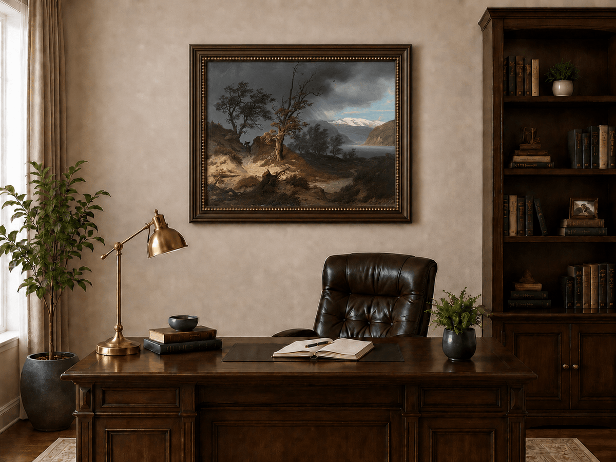 Landscape Oil Painting - Stormy Fjord with Bare Trees and Rider