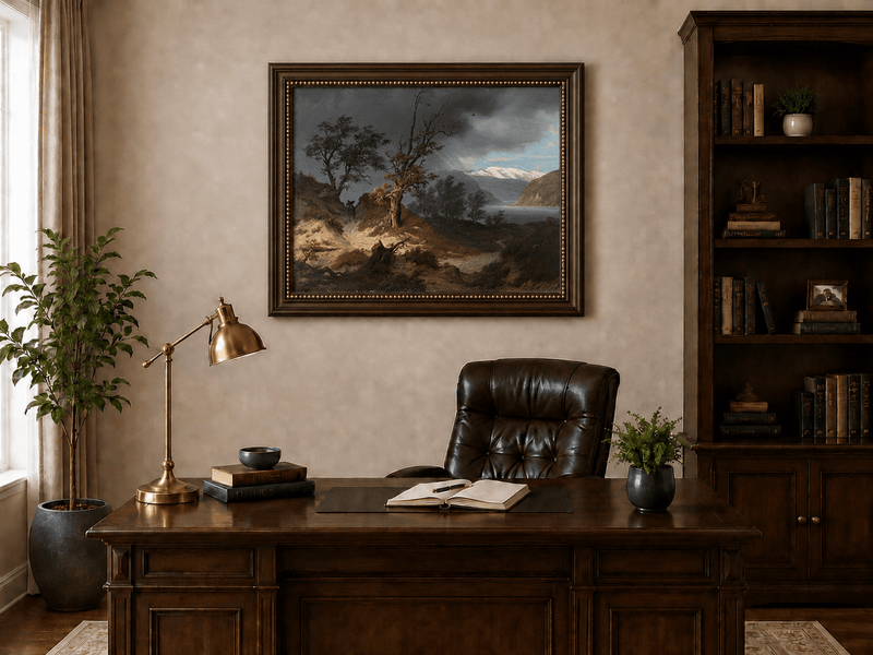 Landscape Oil Painting - Stormy Fjord with Bare Trees and Rider