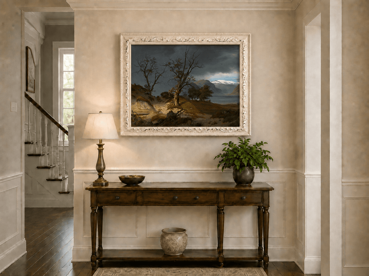 Landscape Oil Painting - Stormy Fjord with Rider and Bare Trees