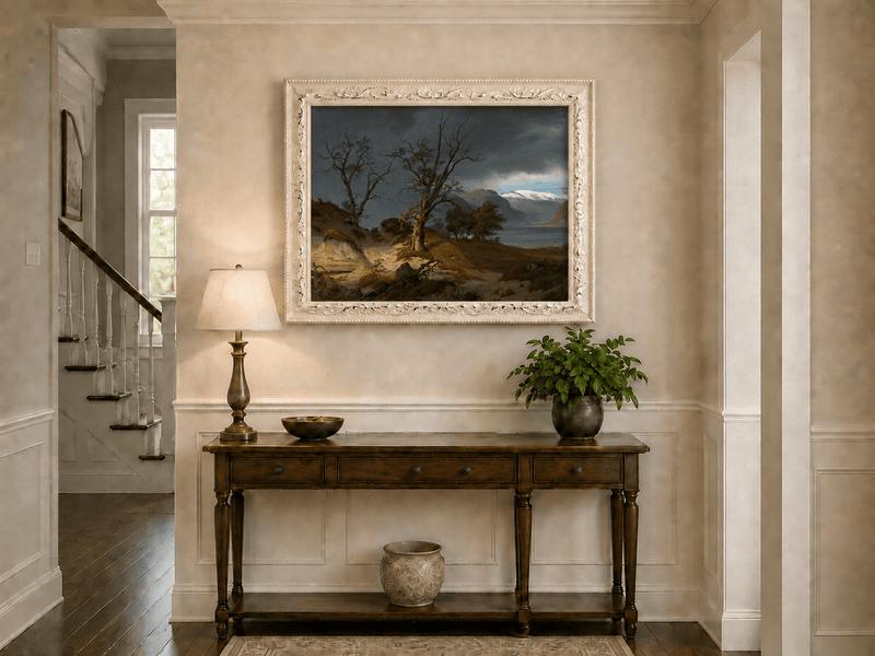 Landscape Oil Painting - Stormy Fjord with Rider and Bare Trees