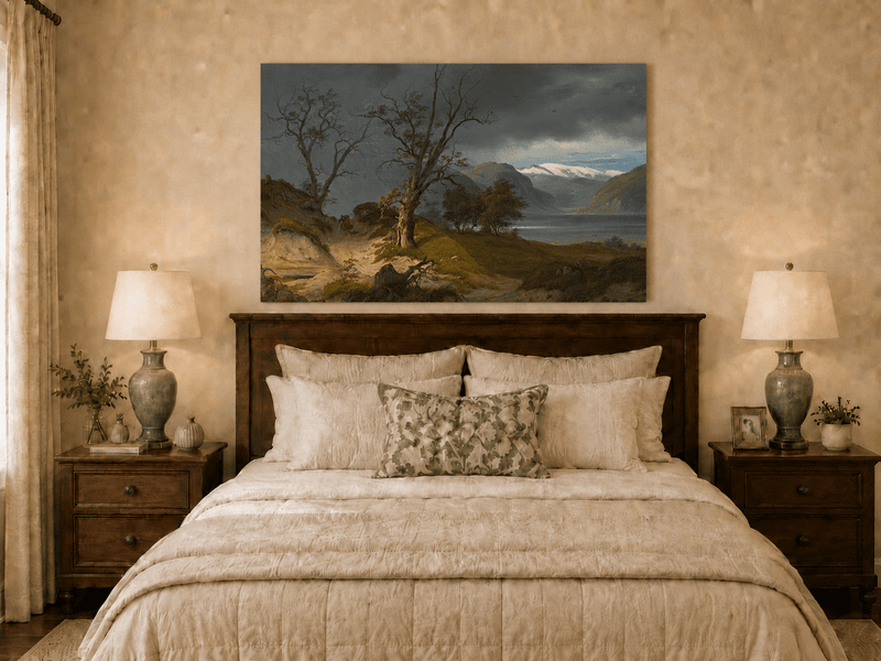 Landscape Oil Painting - Stormy Fjord with Rider and Bare Trees