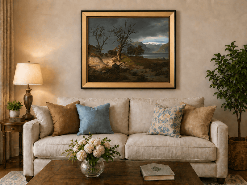 Landscape Oil Painting - Stormy Fjord with Rider and Bare Trees