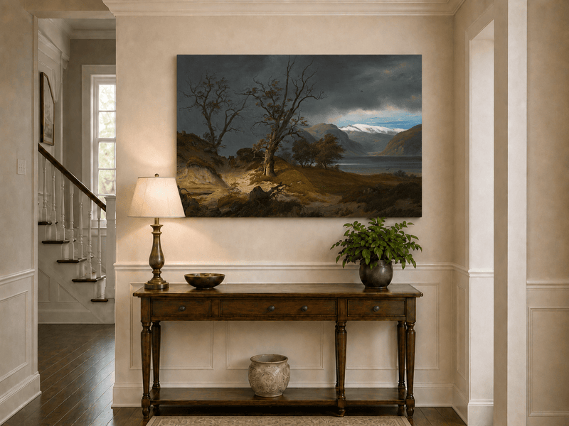 Landscape Oil Painting - Stormy Fjord with Rider and Bare Trees