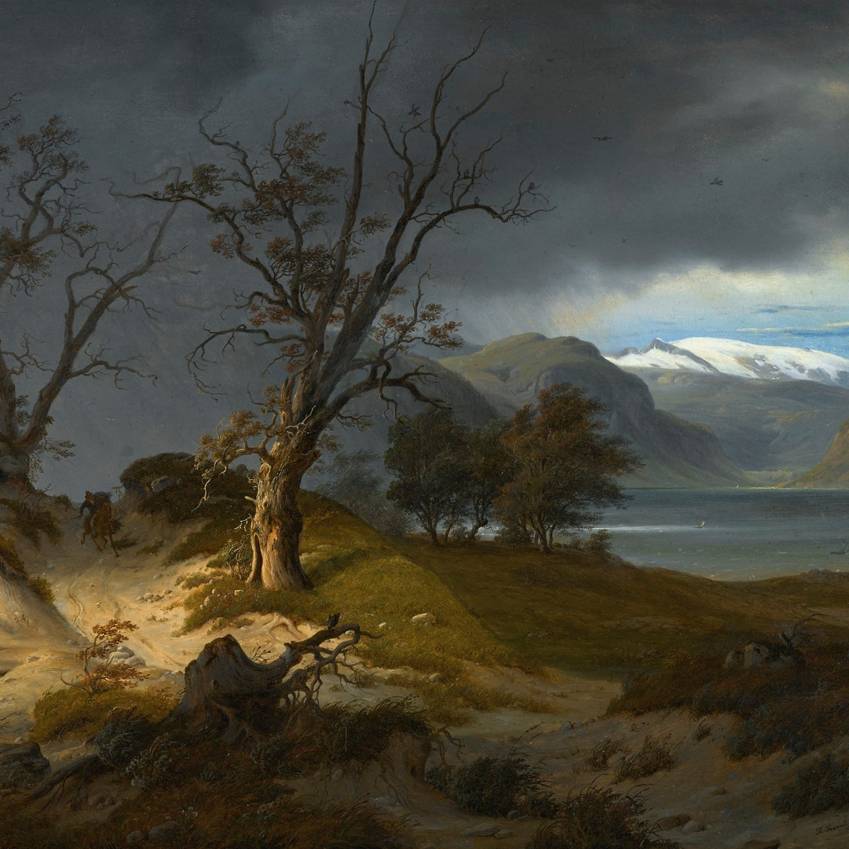 Hand-painted stormy fjord with rider and bare trees landscape oil painting on canvas