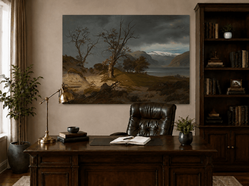 Landscape Oil Painting - Stormy Fjord with Rider and Bare Trees