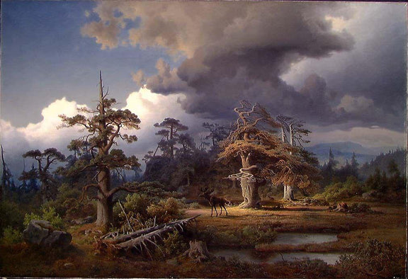 Hand-painted stormy forest clearing with deer landscape oil painting on canvas
