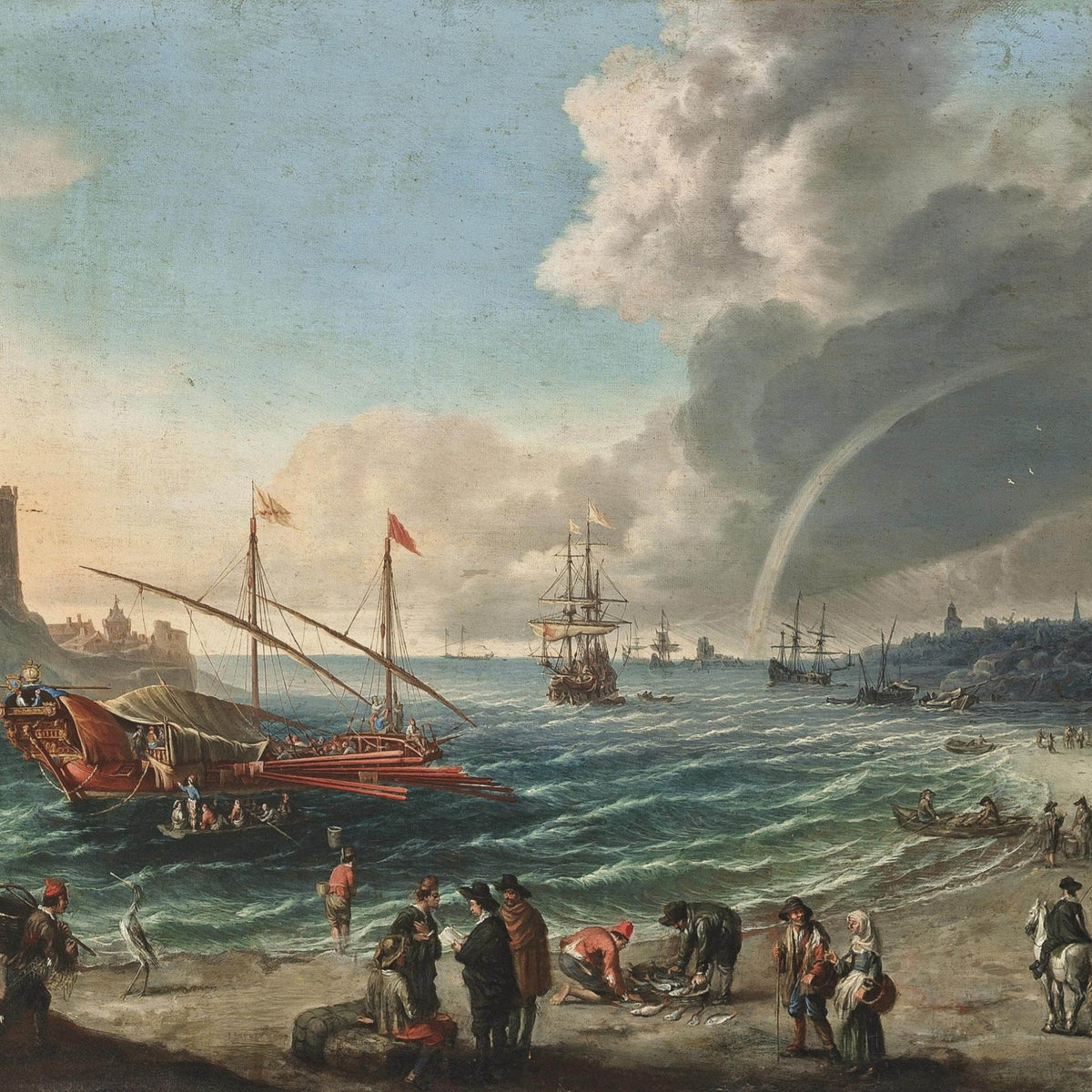 Landscape Oil Painting - Stormy Harbor with Ships and Rainbow - Oil Painting Haven
