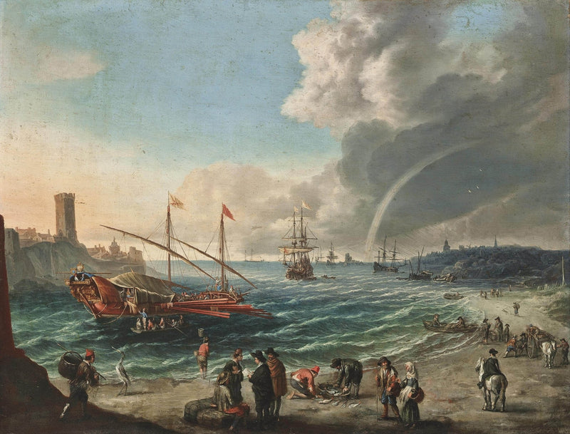 Landscape Oil Painting - Stormy Harbor with Ships and Rainbow - Oil Painting Haven
