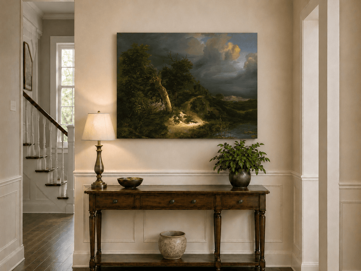 Pintura al óleo de paisaje - Paisaje tormentoso con árboles y cuerpo de agua
