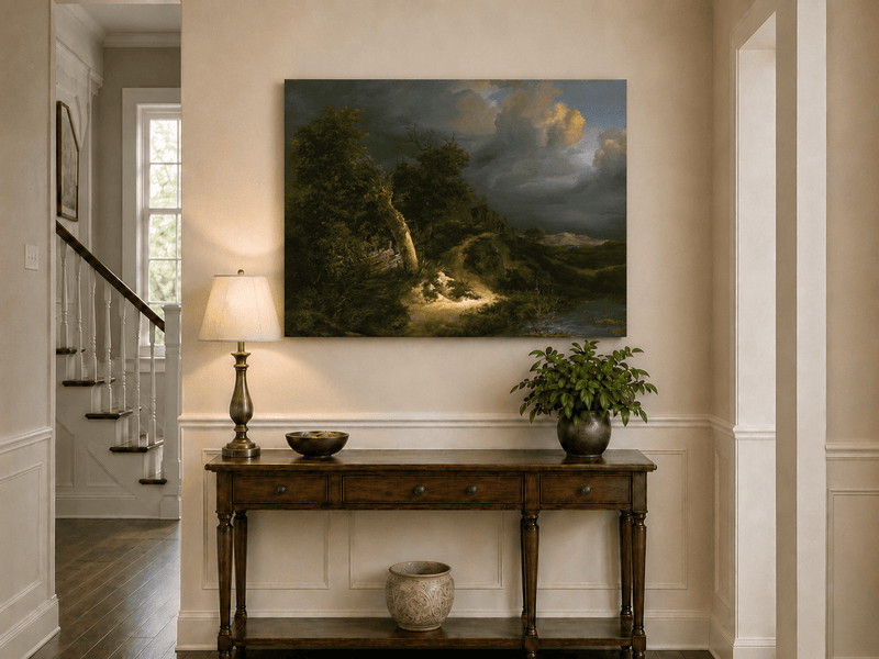 Pintura al óleo de paisaje - Paisaje tormentoso con árboles y cuerpo de agua
