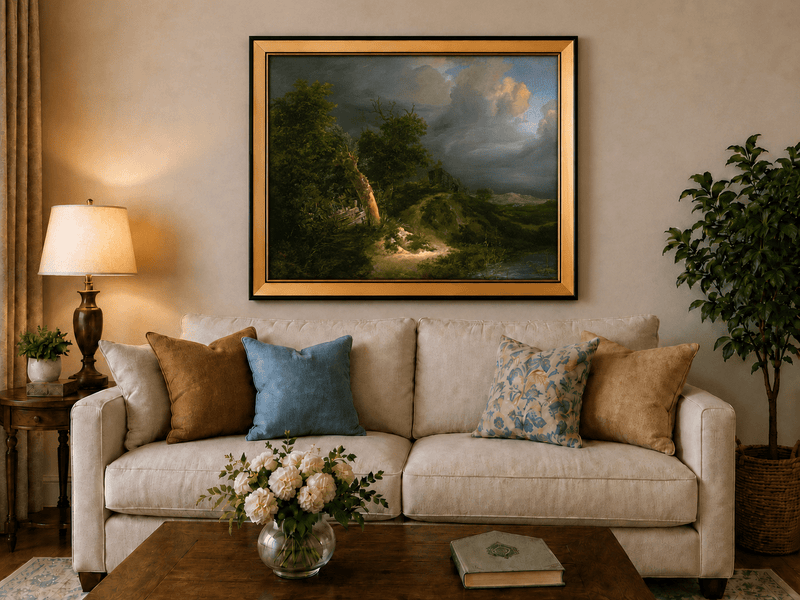 Pintura al óleo de paisaje - Paisaje tormentoso con árboles y cuerpo de agua