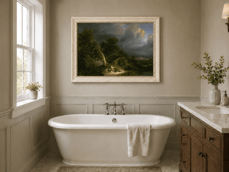 Pintura al óleo de paisaje - Paisaje tormentoso con árboles y cuerpo de agua