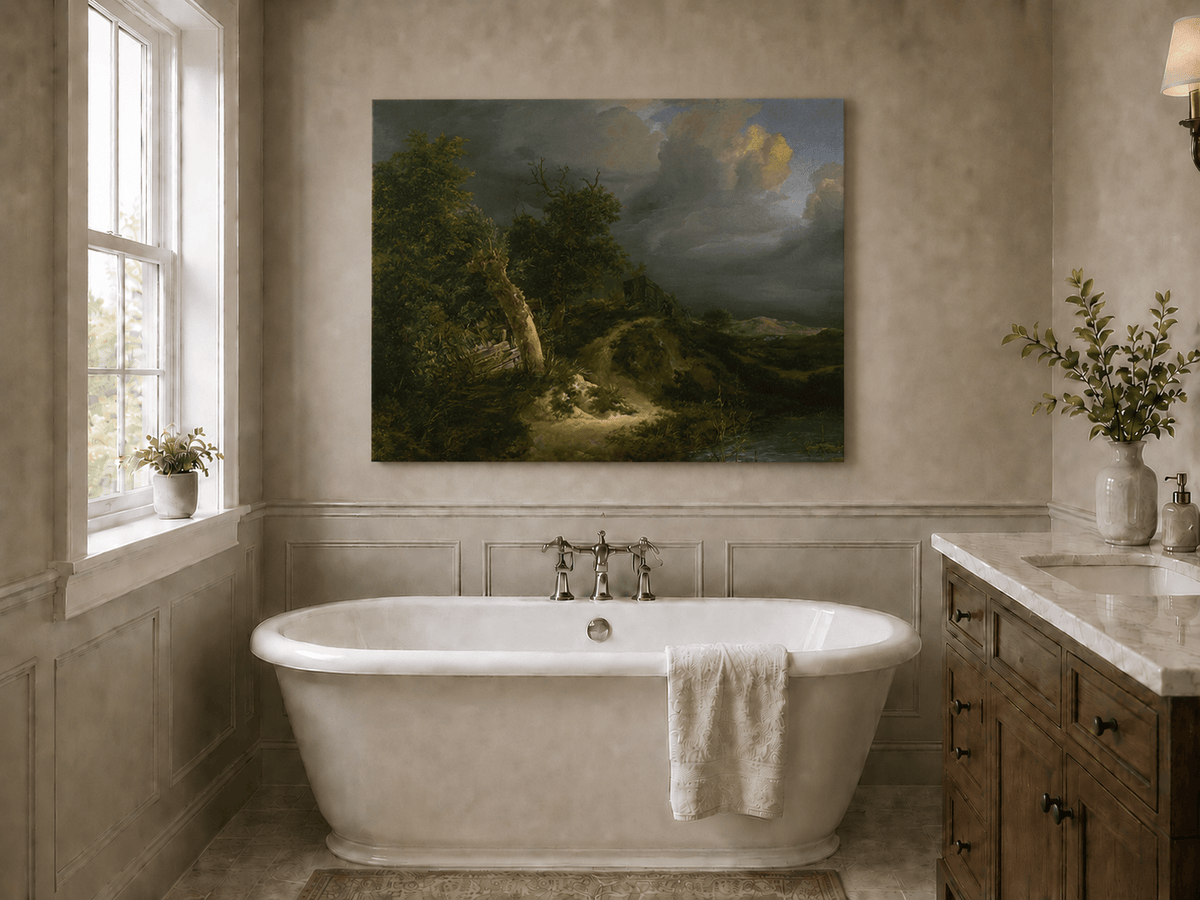 Pintura al óleo de paisaje - Paisaje tormentoso con árboles y cuerpo de agua