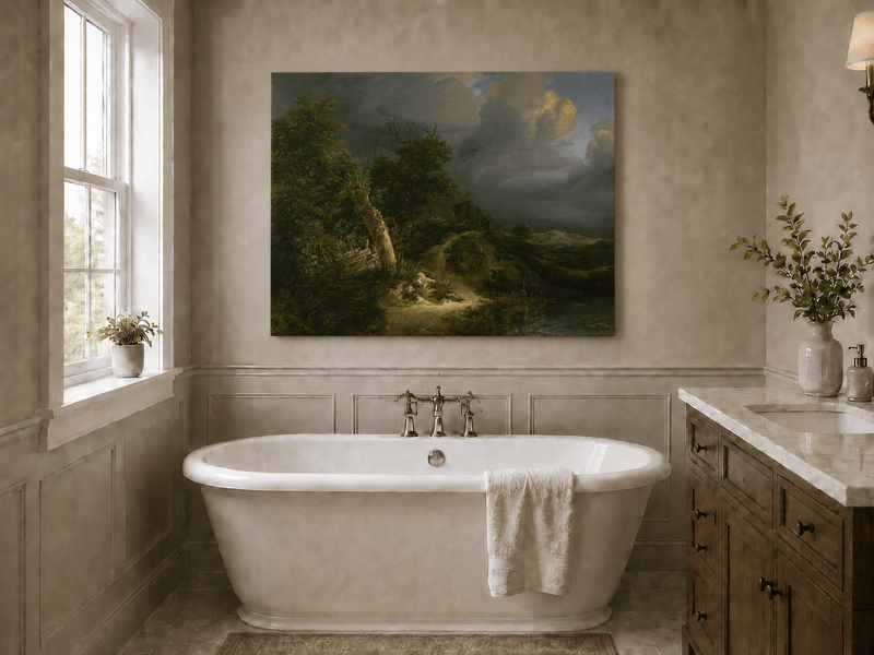 Pintura al óleo de paisaje - Paisaje tormentoso con árboles y cuerpo de agua
