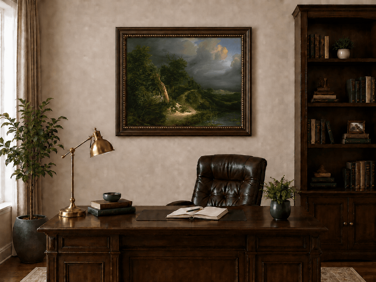 Pintura al óleo de paisaje - Paisaje tormentoso con árboles y cuerpo de agua