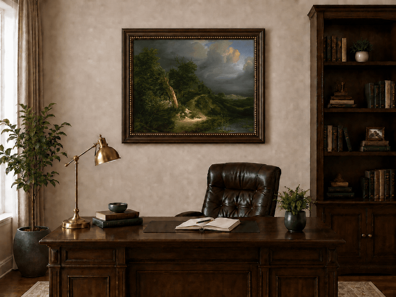 Pintura al óleo de paisaje - Paisaje tormentoso con árboles y cuerpo de agua