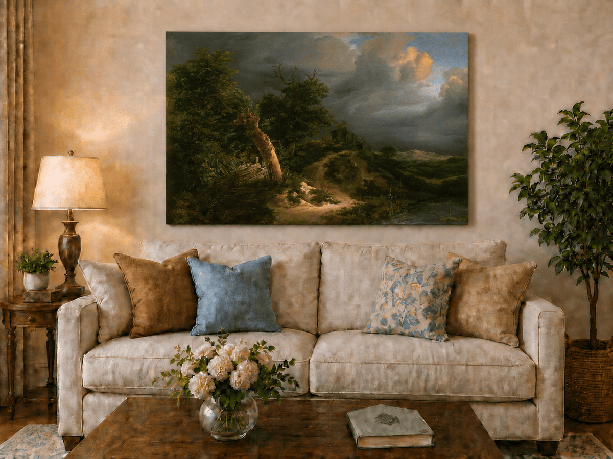 Pintura al óleo de paisaje - Paisaje tormentoso con árboles y cuerpo de agua