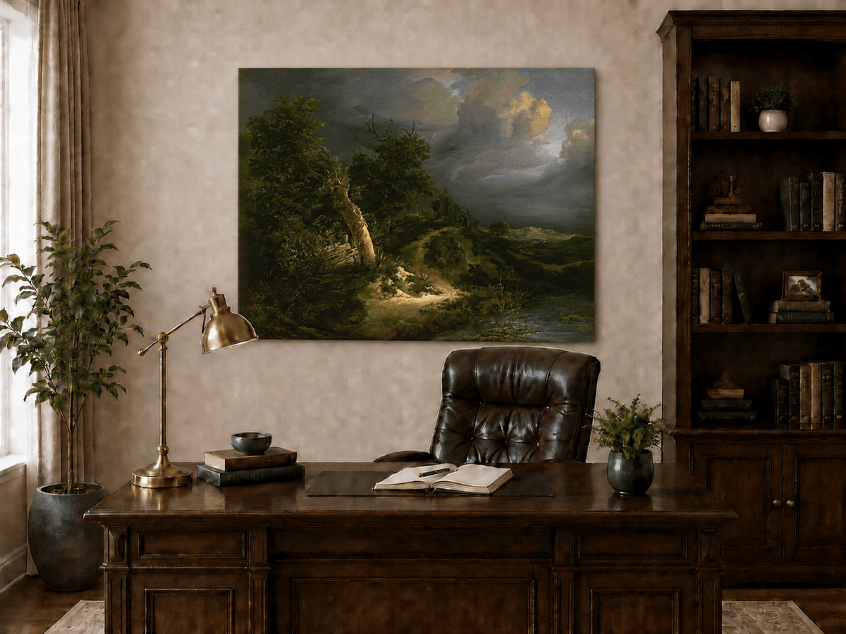 Pintura al óleo de paisaje - Paisaje tormentoso con árboles y cuerpo de agua