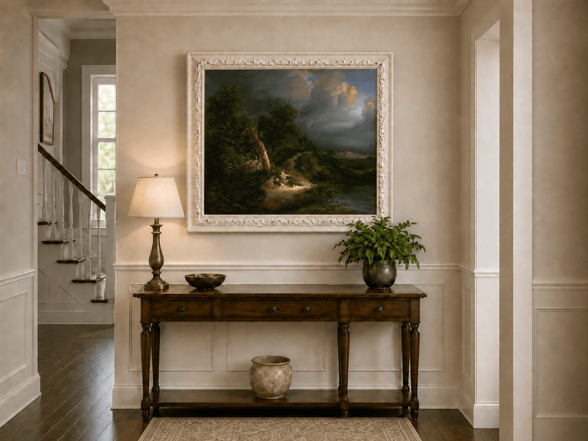Pintura al óleo de paisaje - Paisaje tormentoso con árboles y cuerpo de agua