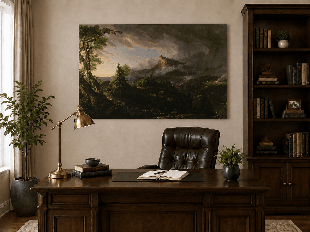 Landscape Oil Painting - Stormy Mountain Landscape with Hunter