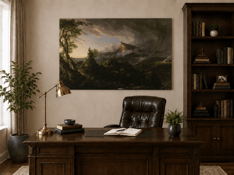 Landscape Oil Painting - Stormy Mountain Landscape with Hunter