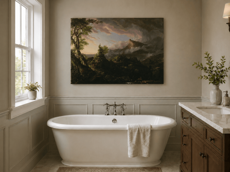 Landscape Oil Painting - Stormy Mountain Landscape with Hunter
