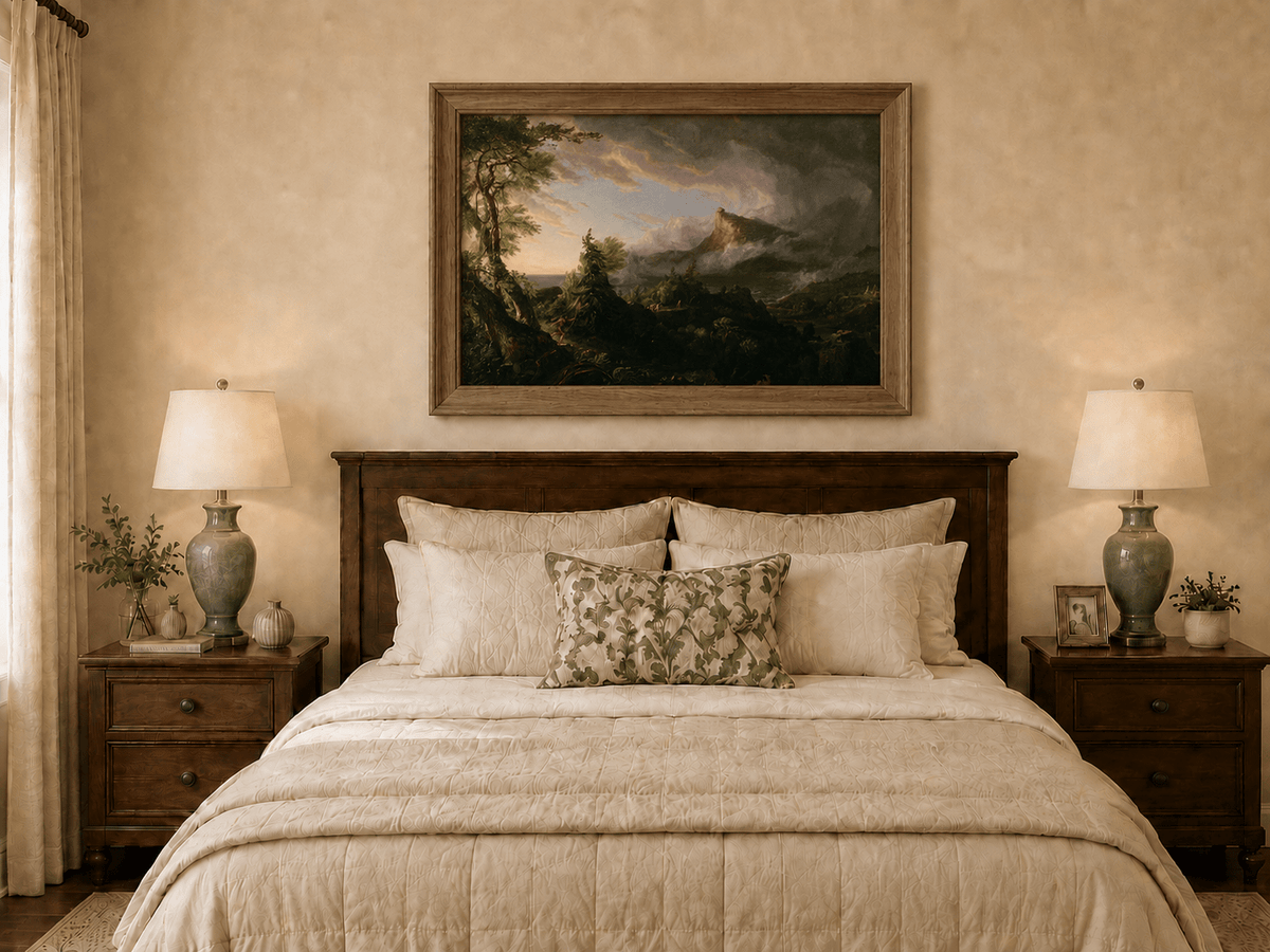 Landscape Oil Painting - Stormy Mountain Landscape with Hunter
