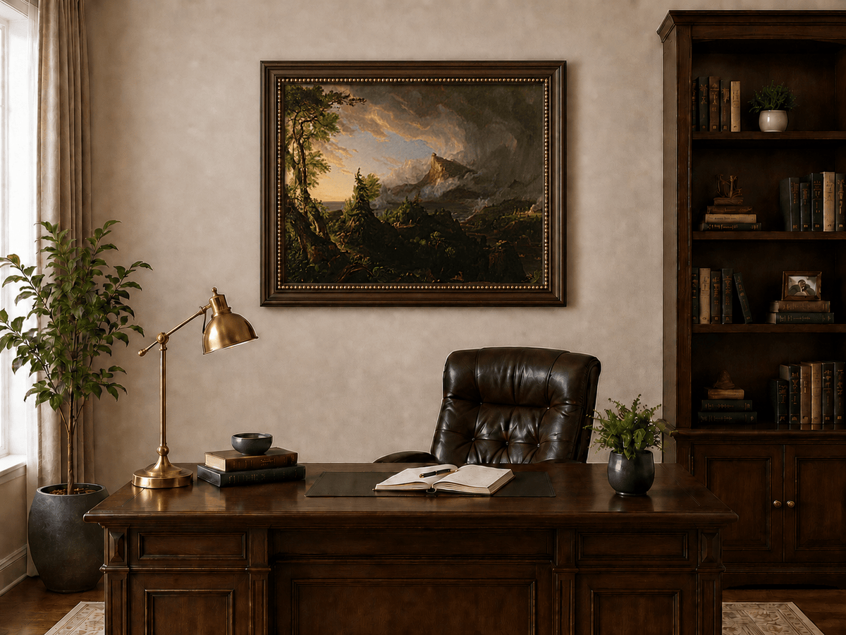Landscape Oil Painting - Stormy Mountain Landscape with Hunter