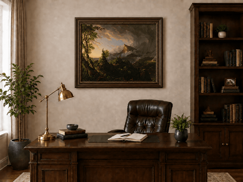 Landscape Oil Painting - Stormy Mountain Landscape with Hunter