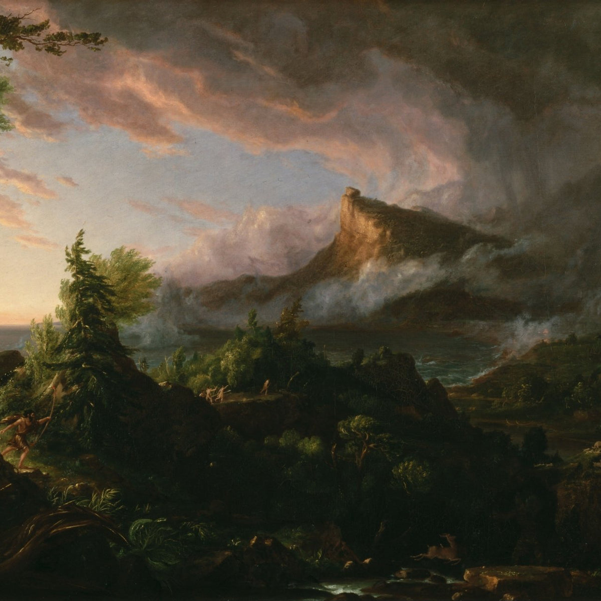 Landscape Oil Painting - Stormy Mountain Landscape with Hunter - Oil Painting Haven