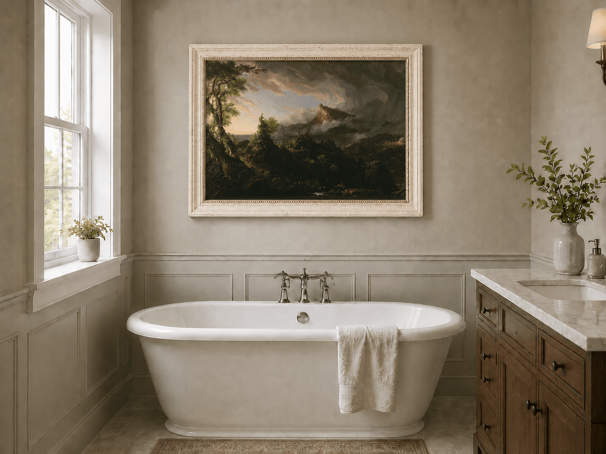 Landscape Oil Painting - Stormy Mountain Landscape with Hunter