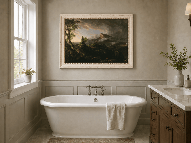 Landscape Oil Painting - Stormy Mountain Landscape with Hunter