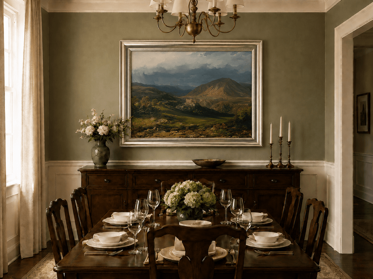 Landscape Oil Painting - Stormy Mountain Valley with Castle View