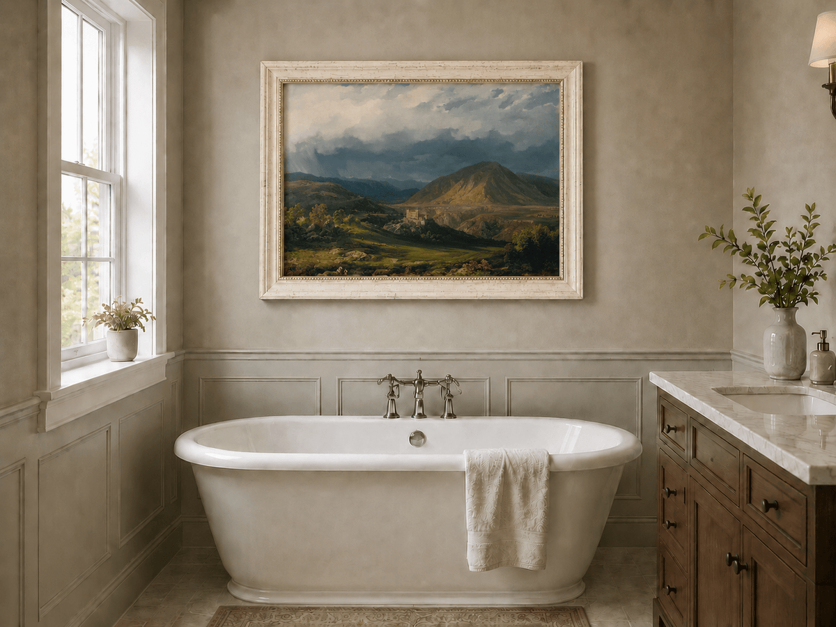 Landscape Oil Painting - Stormy Mountain Valley with Castle View