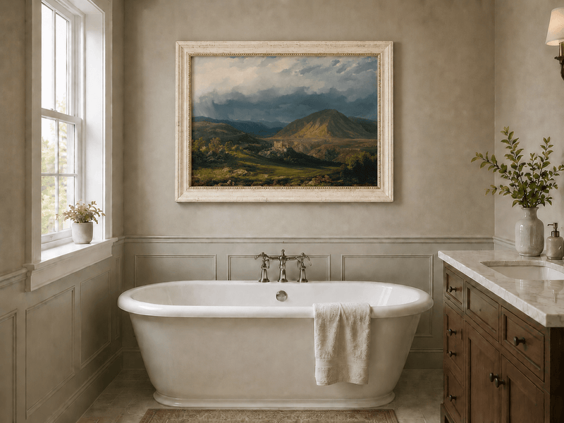 Landscape Oil Painting - Stormy Mountain Valley with Castle View