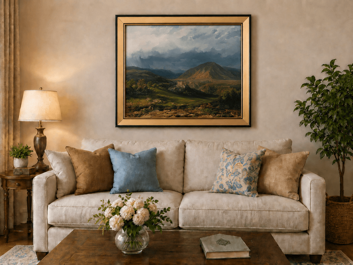Landscape Oil Painting - Stormy Mountain Valley with Castle View