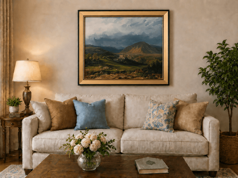 Landscape Oil Painting - Stormy Mountain Valley with Castle View