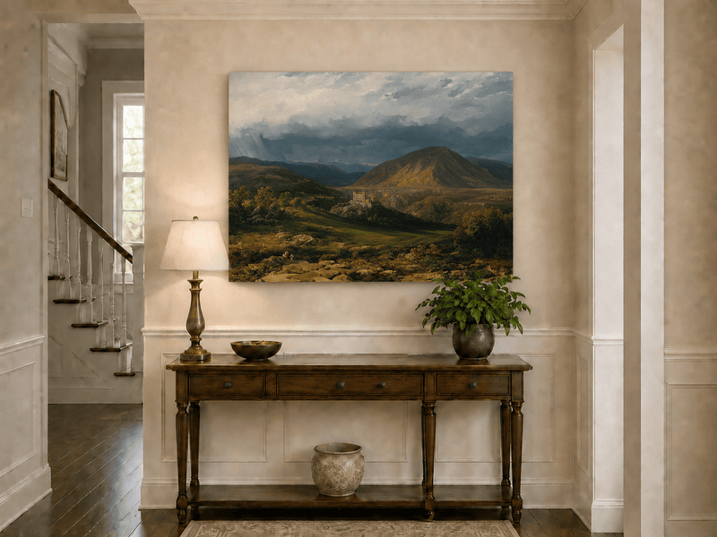 Landscape Oil Painting - Stormy Mountain Valley with Castle View