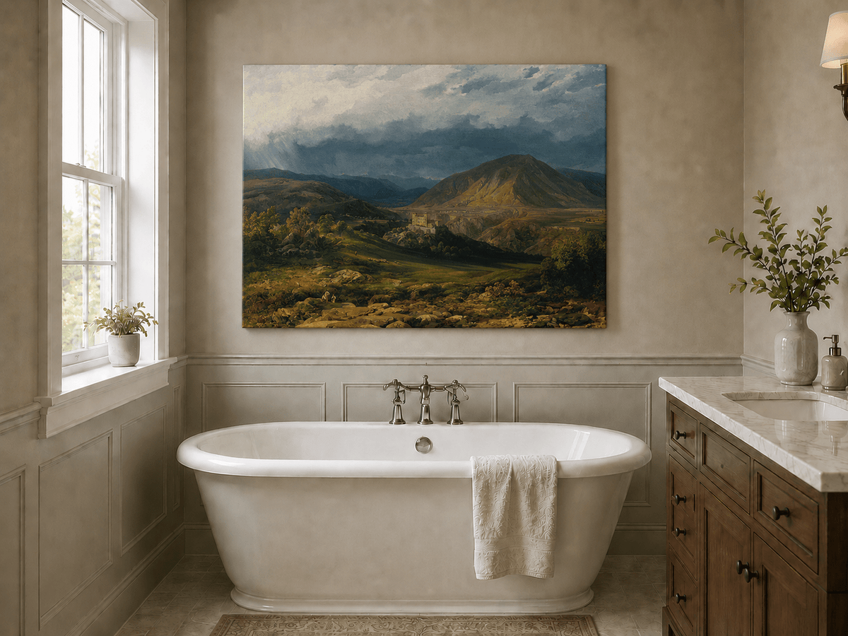 Landscape Oil Painting - Stormy Mountain Valley with Castle View